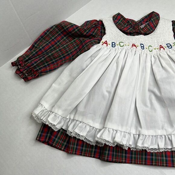 Petit Ami red Plaid dress white smocked embroidered pinafore Vintage size 2T EUC - Picture 3 of 14